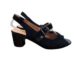 L'Amour Des Pieds Merryn Black Suede Chunky Slingback Peep Toe Heels